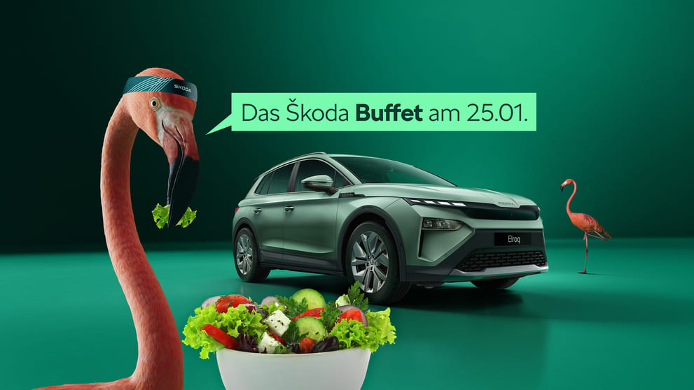 Ein Flamingo mit Salat im Mund vor dem neuen Škoda Elroq auf grünen Hintergrund